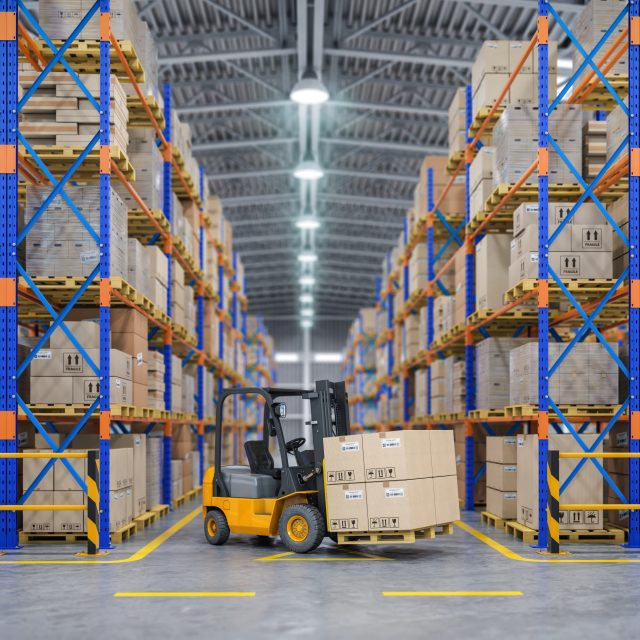 Forklift truck in warehouse or storage and shelves with cardboard boxes. 3d illustration